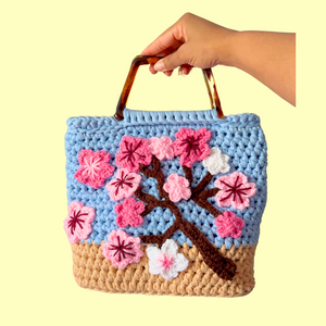 Cherry Blossom Yarn Crochet Purse with Tortoise Handle