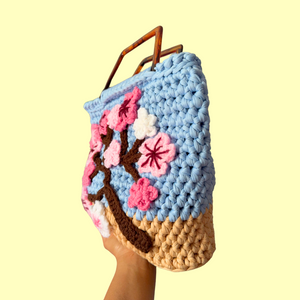 Cherry Blossom Yarn Crochet Purse with Tortoise Handle