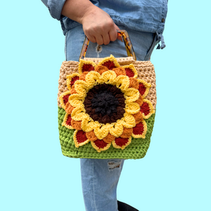Sunflower Yarn Crochet Purse with Tortoise Handle