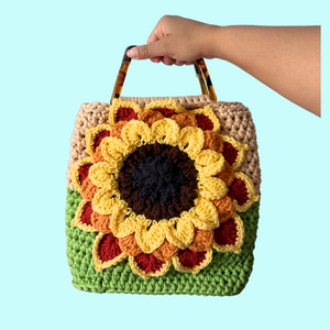 Sunflower Yarn Crochet Purse with Tortoise Handle