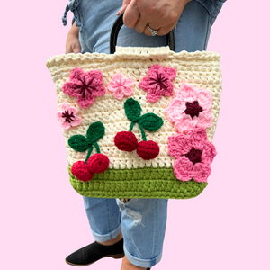 Spring Cherries Yarn Crochet Purse with Dark Brown Handle