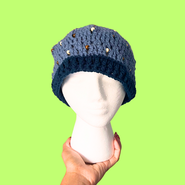 Blue Beaded Crochet Beanie