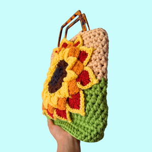 Sunflower Yarn Crochet Purse with Tortoise Handle