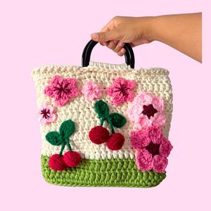Spring Cherries Yarn Crochet Purse with Dark Brown Handle