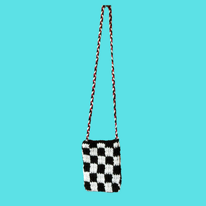 Black and White Checkered Crochet Mini Cross Body Bag