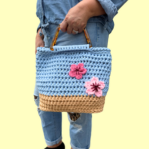 Cherry Blossom Yarn Crochet Purse with Tortoise Handle
