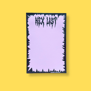 Purple notepad with 'Hex List' text on a yellow background