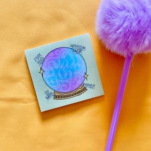 Sticky notepad with cauldron design that says "I See Shit Getting Done In Your Future". 