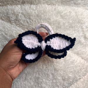 Navy and White Bow Crochet Hair Tie