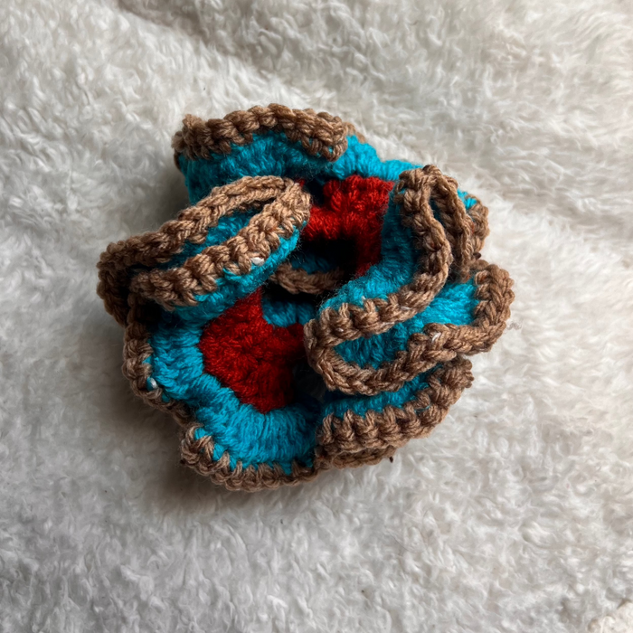 Beige & Turquoise Crochet Scrunchie