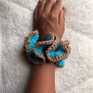 Beige & Turquoise Crochet Scrunchie