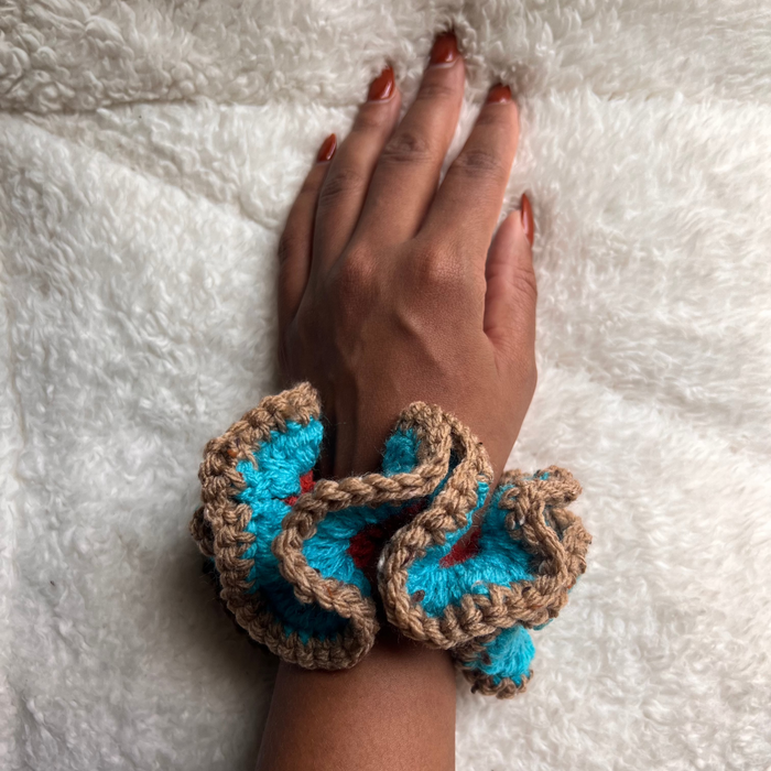 Beige and Turquoise Crochet Scrunchie