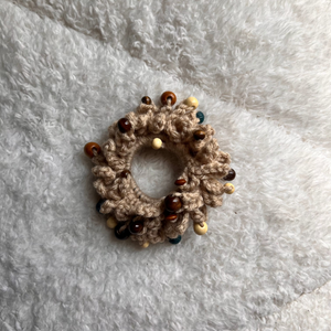 Beige Beaded Crochet Scrunchie