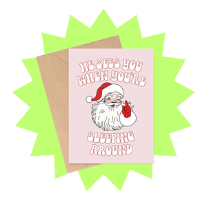 Sees You Sleeping Around Adult Christmas Card