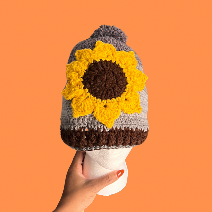 Gray Sunflower Pom Pom Beanie