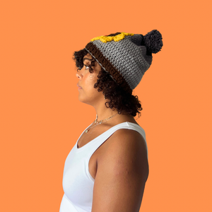 Gray Sunflower Pom Pom Beanie