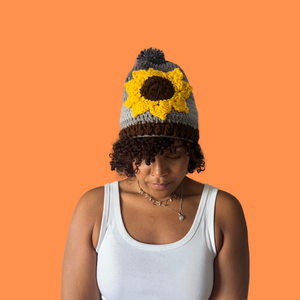 Gray Sunflower Pom Pom Beanie