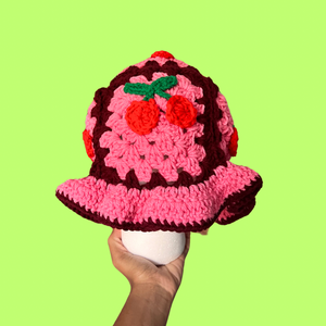 XL Pink Cherry Crochet Bucket Hat