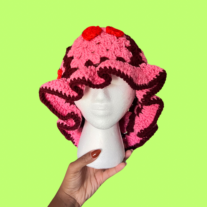 XL Pink Cherry Crochet Bucket Hat