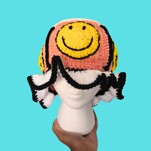 Pink Smiley Crochet Bucket Hat