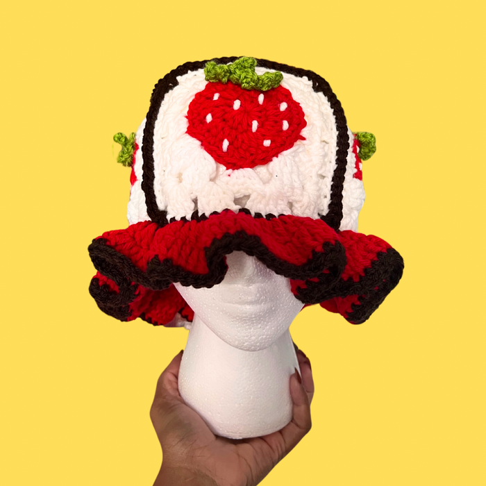 White Strawberry Crochet Bucket Hat